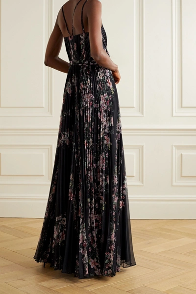 Shop Marchesa Notte Belted Floral-print Plissé-chiffon Gown In Black