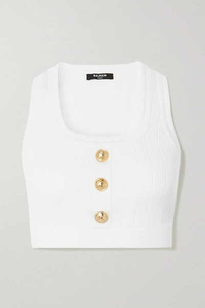 Shop Balmain Cropped Button-embellished Ribbed-knit Top In White