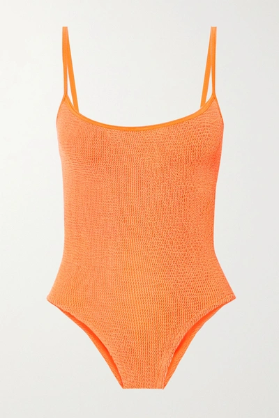 Shop Hunza G Net Sustain Maria Seersucker Swimsuit In Bright Orange