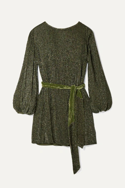 Shop Retroféte Grace Velvet-trimmed Sequined Chiffon Mini Dress In Army Green