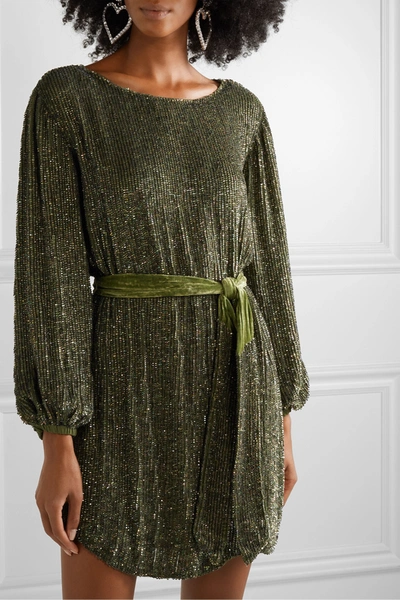 Shop Retroféte Grace Velvet-trimmed Sequined Chiffon Mini Dress In Army Green