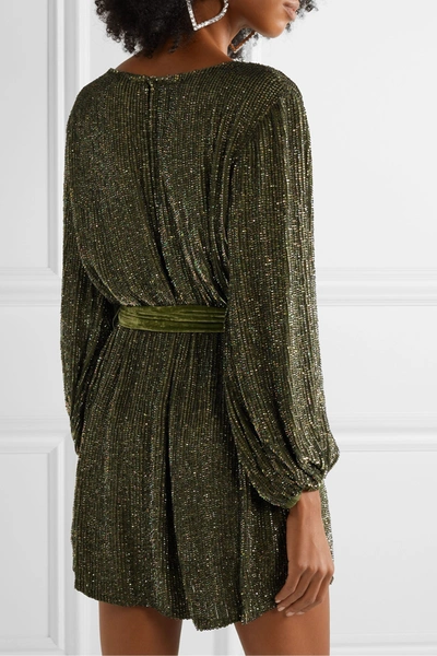 Shop Retroféte Grace Velvet-trimmed Sequined Chiffon Mini Dress In Army Green
