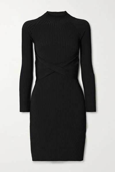 Shop Dion Lee Cutout Twist-front Ribbed-knit Mini Dress In Black