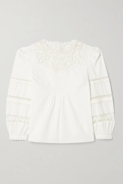 Shop Veronica Beard Bessie Pintucked Crocheted Lace-trimmed Cotton-poplin Blouse In White
