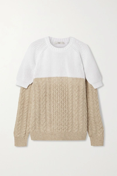 Shop Tibi Layered Two-tone Cable-knit Cotton And Wool-blend Sweater In Sand