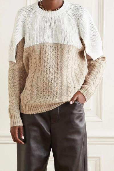 Shop Tibi Layered Two-tone Cable-knit Cotton And Wool-blend Sweater In Sand