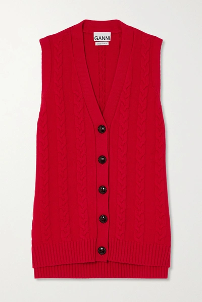 Shop Ganni Cable-knit Cotton-blend Vest In Red