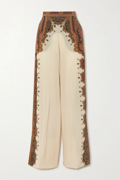 Shop Etro Printed Silk Wide-leg Pants In Ivory
