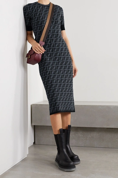 Shop Fendi Jacquard-knit Midi Dress In Gray