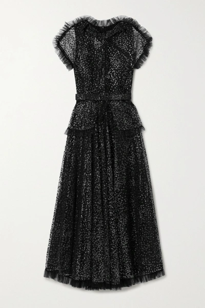 Shop Rodarte Belted Ruffled Metallic Flocked Tulle Midi Dress In Black
