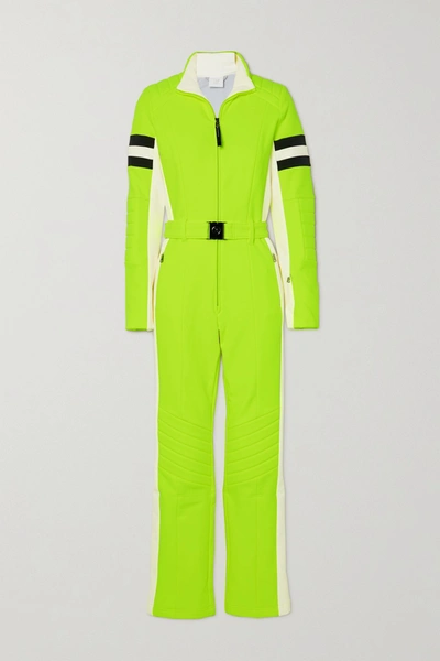 Shop Bogner Cat Belted Striped Neon Stretch-ponte Ski Suit In Bright Green