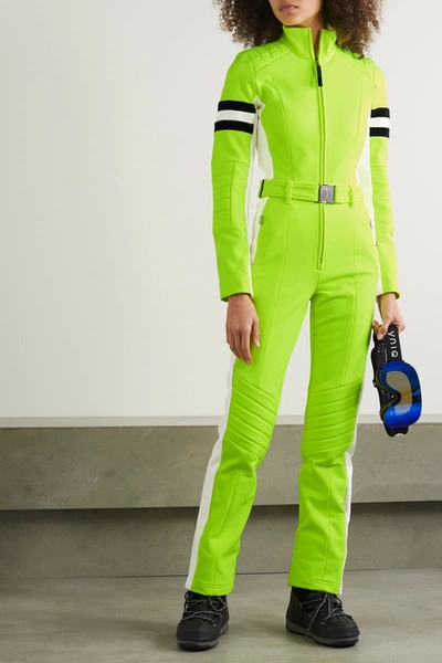 Shop Bogner Cat Belted Striped Neon Stretch-ponte Ski Suit In Bright Green