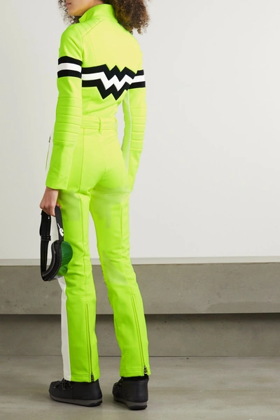 Shop Bogner Cat Belted Striped Neon Stretch-ponte Ski Suit In Bright Green