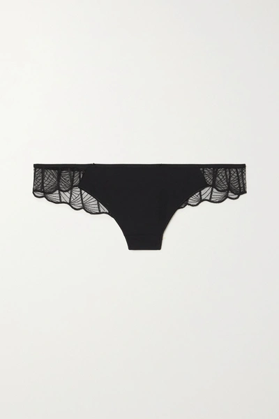 Shop Maison Lejaby Jazz Lace-trimmed Stretch-jersey Thong In Black