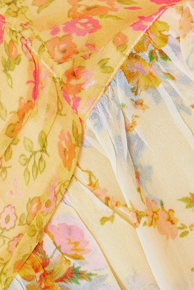 Shop Loveshackfancy Arlo Belted Ruffled Patchwork Floral-print Silk-georgette Mini Dress In Yellow