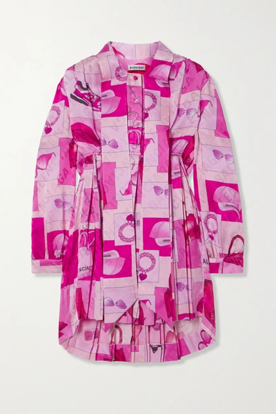 Shop Balenciaga Pussy-bow Pleated Printed Silk-jacquard Mini Dress In Pink
