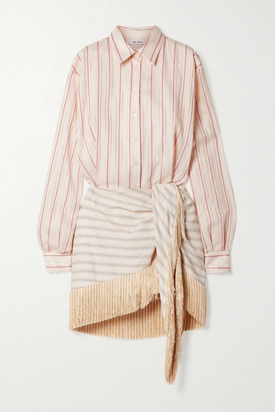 Shop Attico Fringed Striped Cotton-blend Jacquard Mini Shirt Dress In Cream