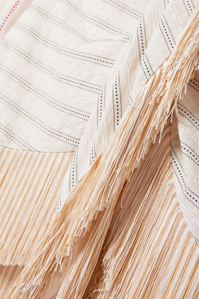 Shop Attico Fringed Striped Cotton-blend Jacquard Mini Shirt Dress In Cream