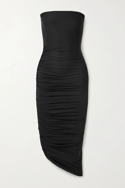 Shop Alix Nyc Crawford Strapless Asymmetric Ruched Stretch-jersey Dress In Black