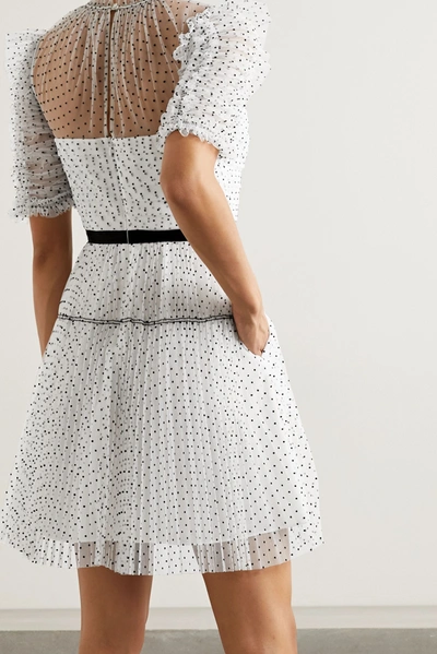 Shop Self-portrait Ruched Pleated Polka-dot Flocked Tulle Mini Dress In White
