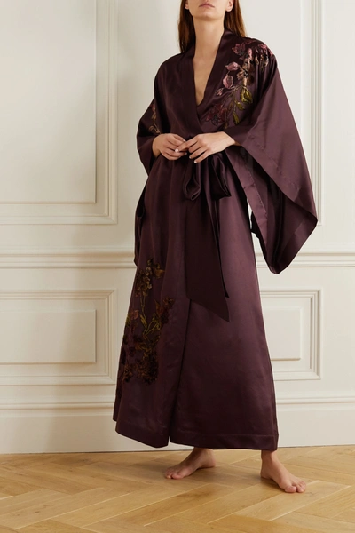 Shop Carine Gilson Belted Appliquéd Embroidered Silk-satin Robe In Burgundy