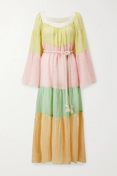 Shop Lisa Marie Fernandez Tiered Color-block Linen-blend Gauze Maxi Dress In Mint