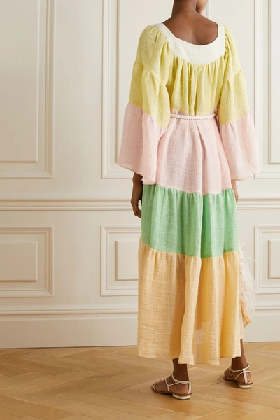 Shop Lisa Marie Fernandez Tiered Color-block Linen-blend Gauze Maxi Dress In Mint