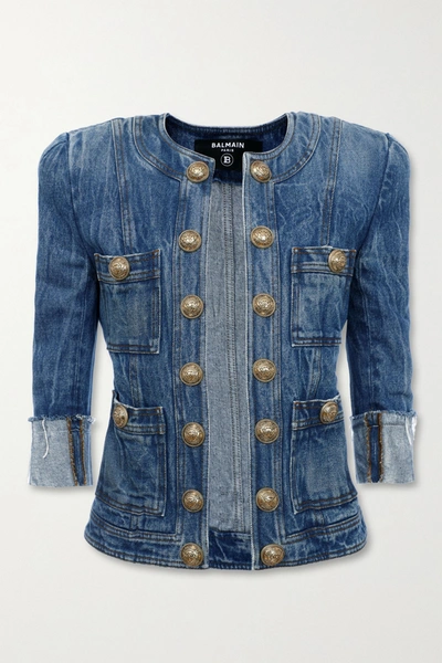 Shop Balmain Button-embellished Denim Jacket In Mid Denim