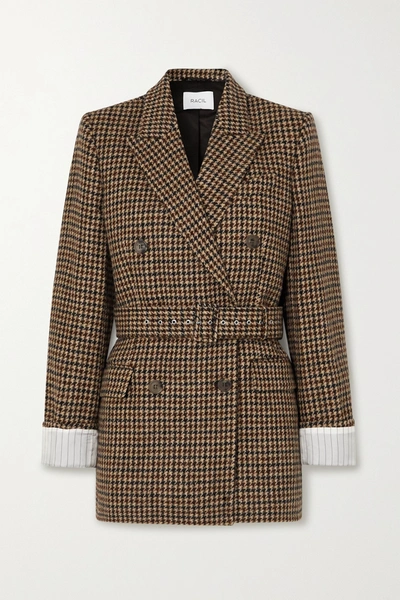 Shop Racil Farrah Belted Double-breasted Houndstooth Wool-tweed Blazer In Brown