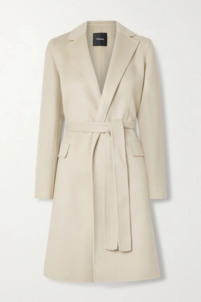 Shop Theory New Divide Belted Wool And Cashmere-blend Coat In Beige