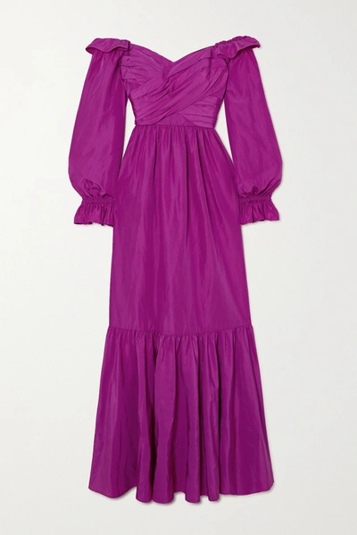 Shop Self-portrait Off-the-shoulder Ruffled Taffeta Gown In Purple