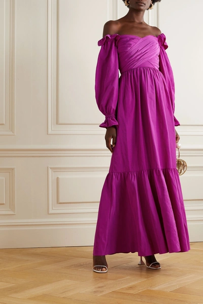 Shop Self-portrait Off-the-shoulder Ruffled Taffeta Gown In Purple