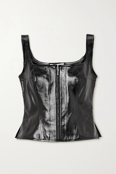 Shop Alexa Chung Crinkled Glossed-leather Bustier Top In Black