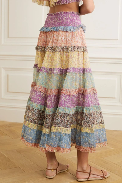 Shop Zimmermann Carnaby Ruffled Floral-print Silk-chiffon Maxi Skirt In Lilac