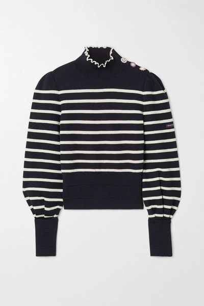 Shop The Marc Jacobs Armor-lux Embellished Striped Wool Turtleneck Sweater In Midnight Blue