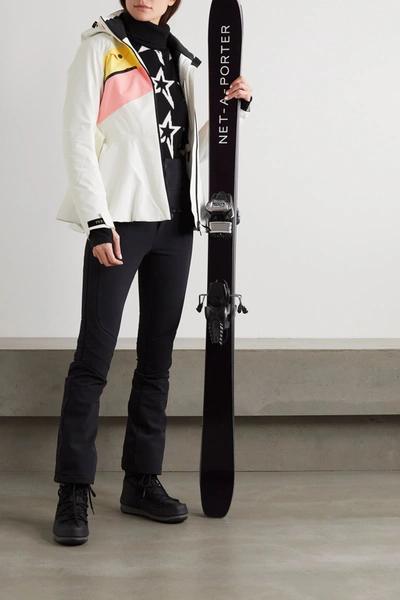 Shop Perfect Moment Niseko Hooded Belted Striped Peplum Ski Jacket In White