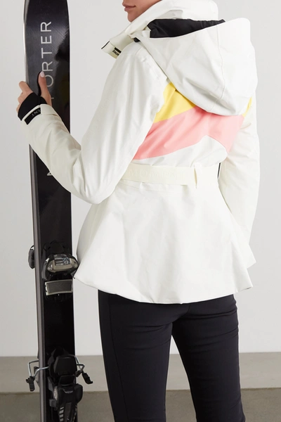 Shop Perfect Moment Niseko Hooded Belted Striped Peplum Ski Jacket In White