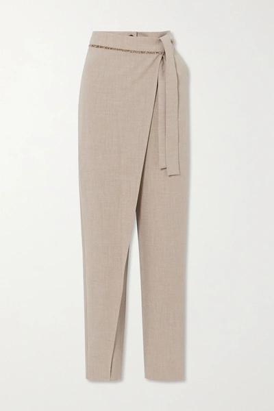 Shop Andersson Bell Emma Belted Layered Mélange Woven Tapered Pants In Beige