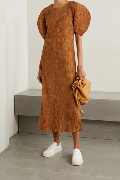 Shop Mara Hoffman Aranza Smocked Organic Cotton-blend Midi Dress In Orange