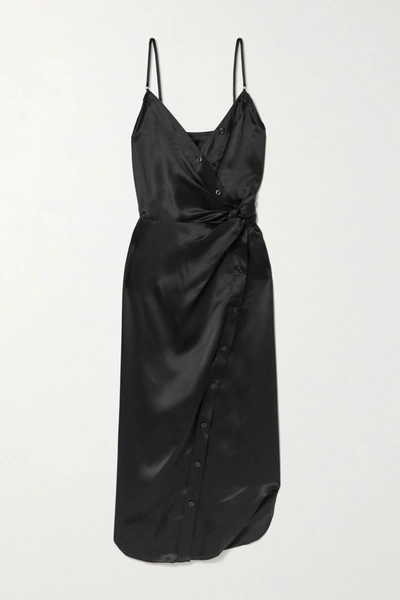 Shop Alexander Wang T Wrap-effect Knotted Silk-charmeuse Midi Dress In Black