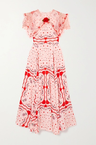 Shop Rodarte Ruffled Organza-trimmed Printed Silk Crepe De Chine Dress In Red
