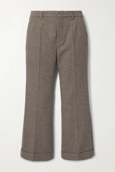 Shop Saint Laurent Cropped Prince Of Wales Checked Wool-blend Straight-leg Pants In Brown