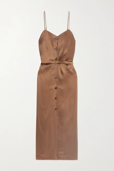 Shop Nanushka Sayan Belted Satin Midi Dress In Brown