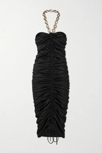 Shop Dodo Bar Or Roxy Chain-detail Ruched Satin Halterneck Midi Dress In Black