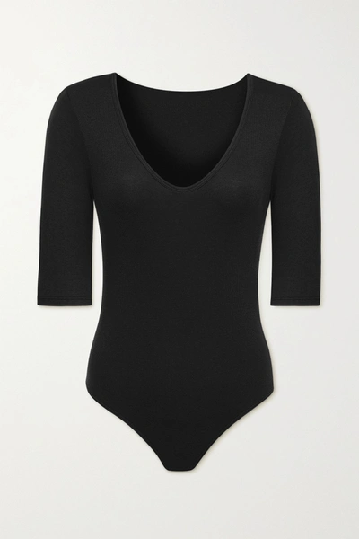 Shop Commando Luxury Ribbed Stretch Modal And Cotton-blend Thong Bodysuit In Black