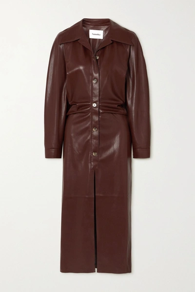 Shop Nanushka Sami Ruched Vegan Stretch-leather Shirt Dress In Brown