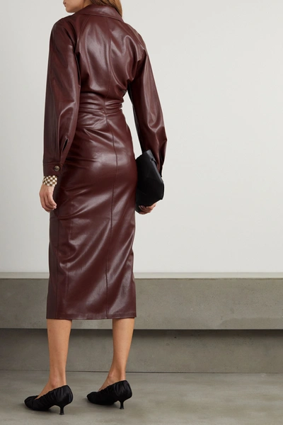 Shop Nanushka Sami Ruched Vegan Stretch-leather Shirt Dress In Brown