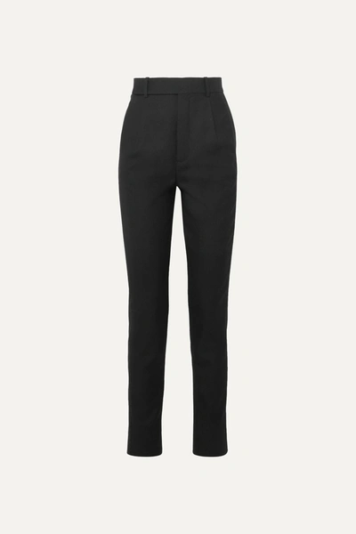 Shop Saint Laurent Metallic-trimmed Wool-twill Straight-leg Pants In Black