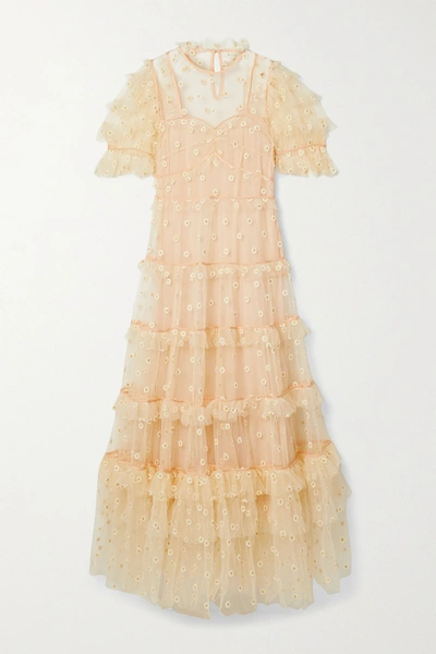 Shop Doen Orelia Tiered Embroidered Tulle Maxi Dress In Peach