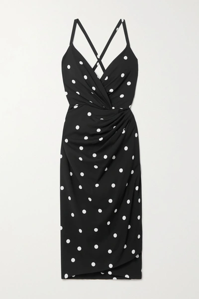 Shop Dolce & Gabbana Open-back Wrap-effect Polka-dot Crepe Midi Dress In Black